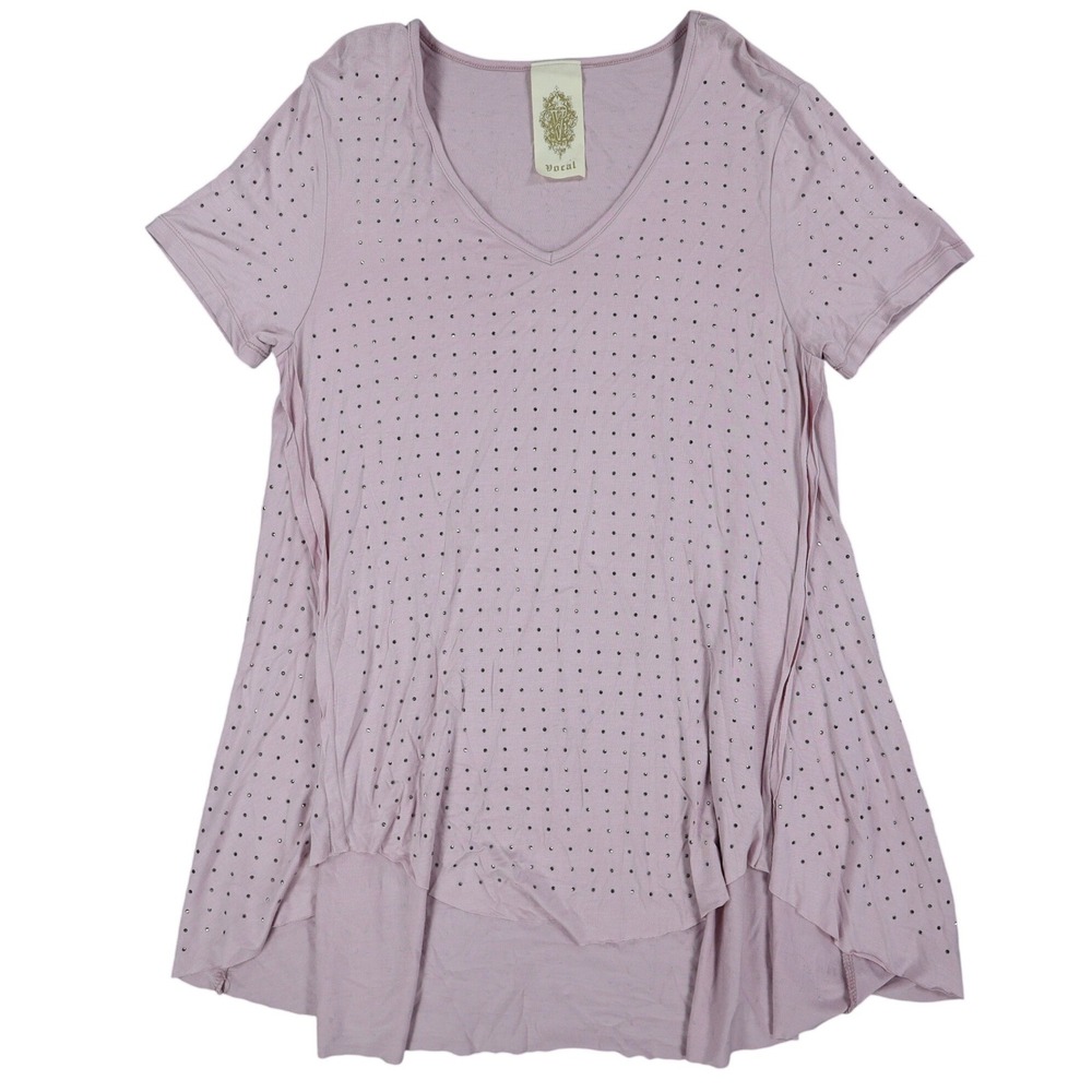 Vocal Rhinestone Stud Tunic Top Womens Small Mauve Pink High Low Layered V-Neck